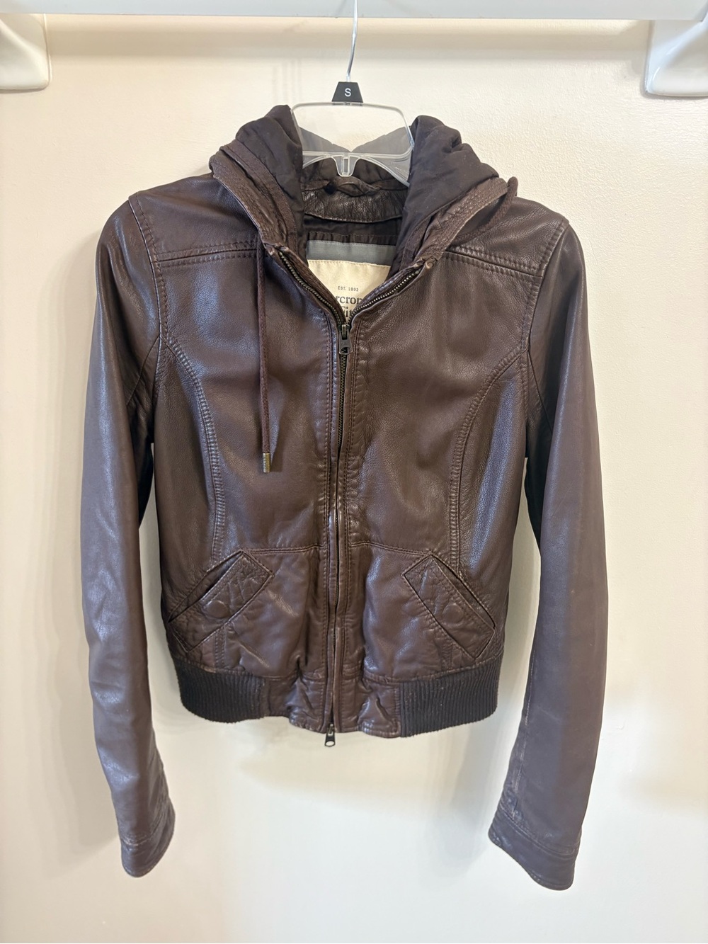 Abercrombie & Fitch Brown Lambskin Leather Hooded Vintage Bomber Jacket